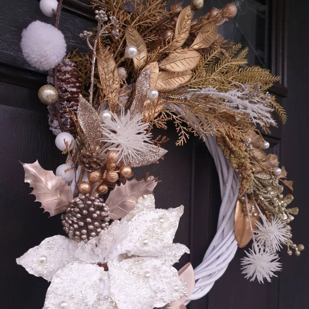 Christmas Holiday Handmade Gold White Wreath Home Office Decor Door Wall Hanger